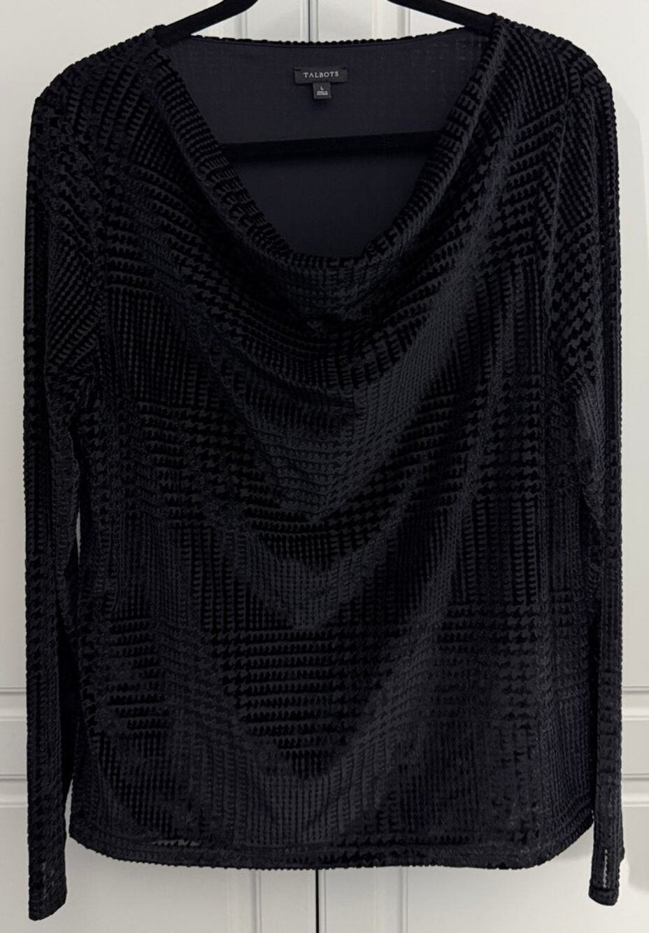 Talbots Black Velvet Houndstooth Burnout Top Draped Cowl Neck Size L NWOT